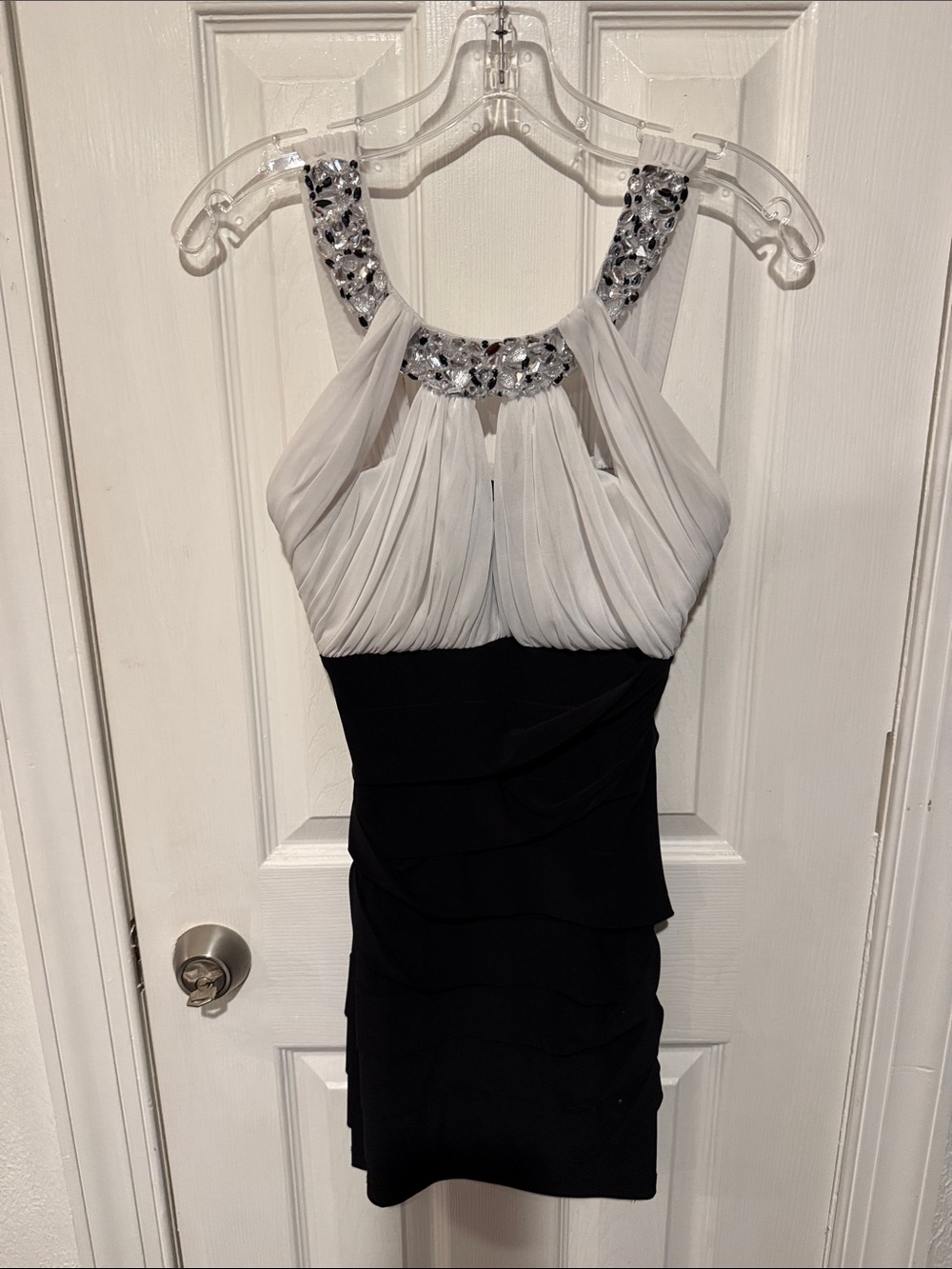 Jodi Kristopher White & Black Jeweled Halter Cocktail Dress